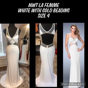 NWT La Femme white with gold beading size 4